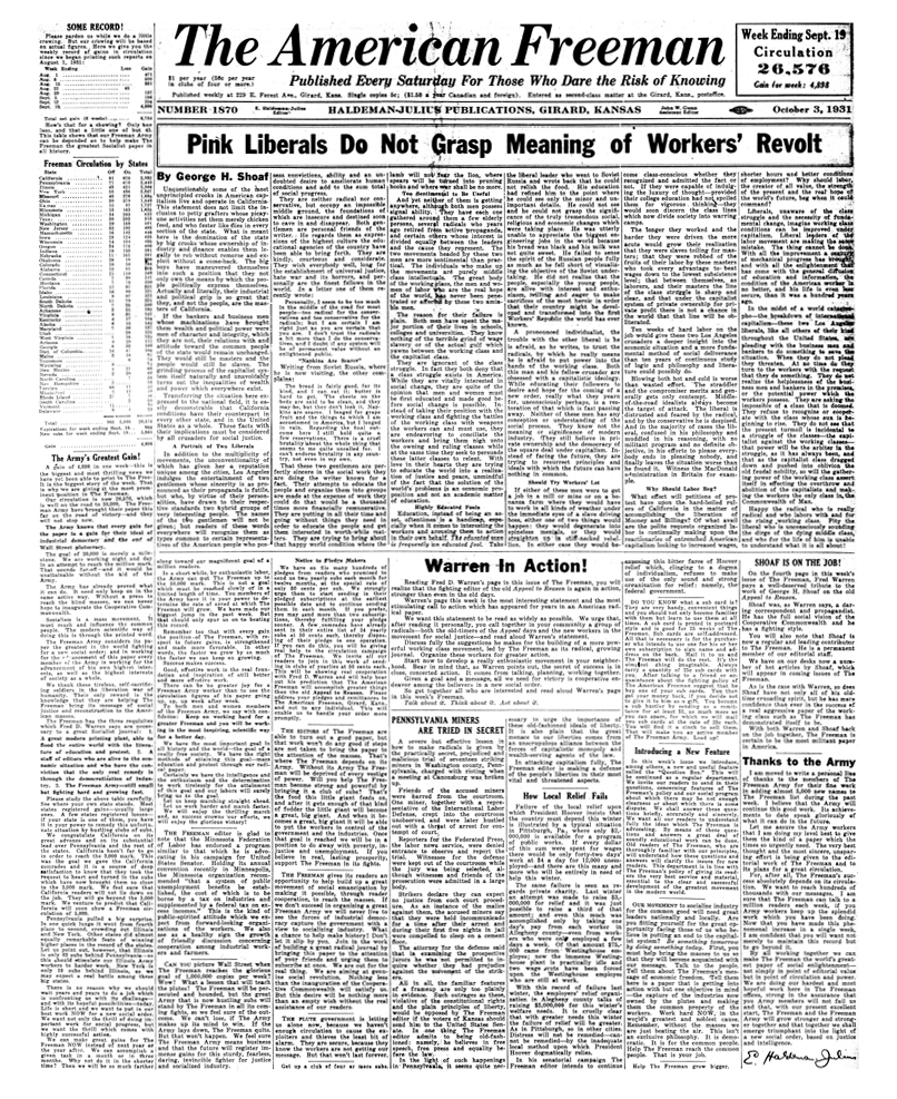 (image for) The American Freeman, Number 1870, Oct. 3, 1931 - Click Image to Close